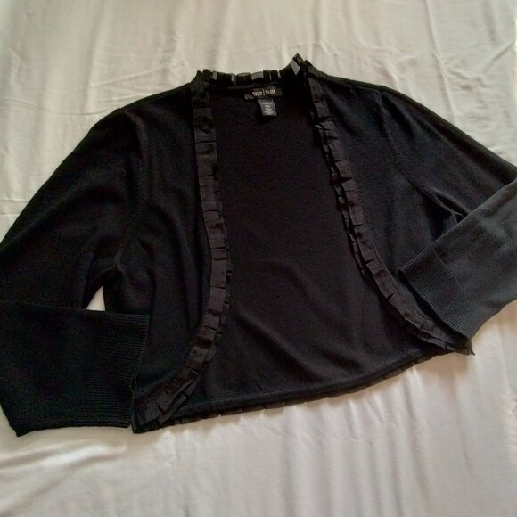 WHITE HOUSE BLACK MARKET Black 3/4 Sleeve Open Front CROPPED CARDIGAN Sz LARGE - Picture 2 of 6